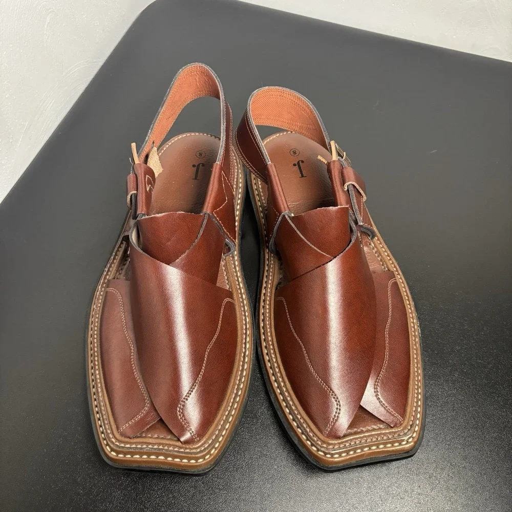 J. Handmade Peshawari Leather Chappal BROWN Eid Mens Pakistani Elite Sandal Sz 8